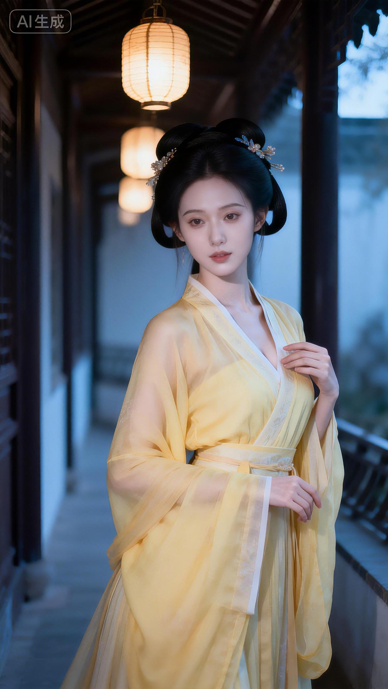 烛影摇红回廊静，鹅黄衫子髻如云。豆包壁纸