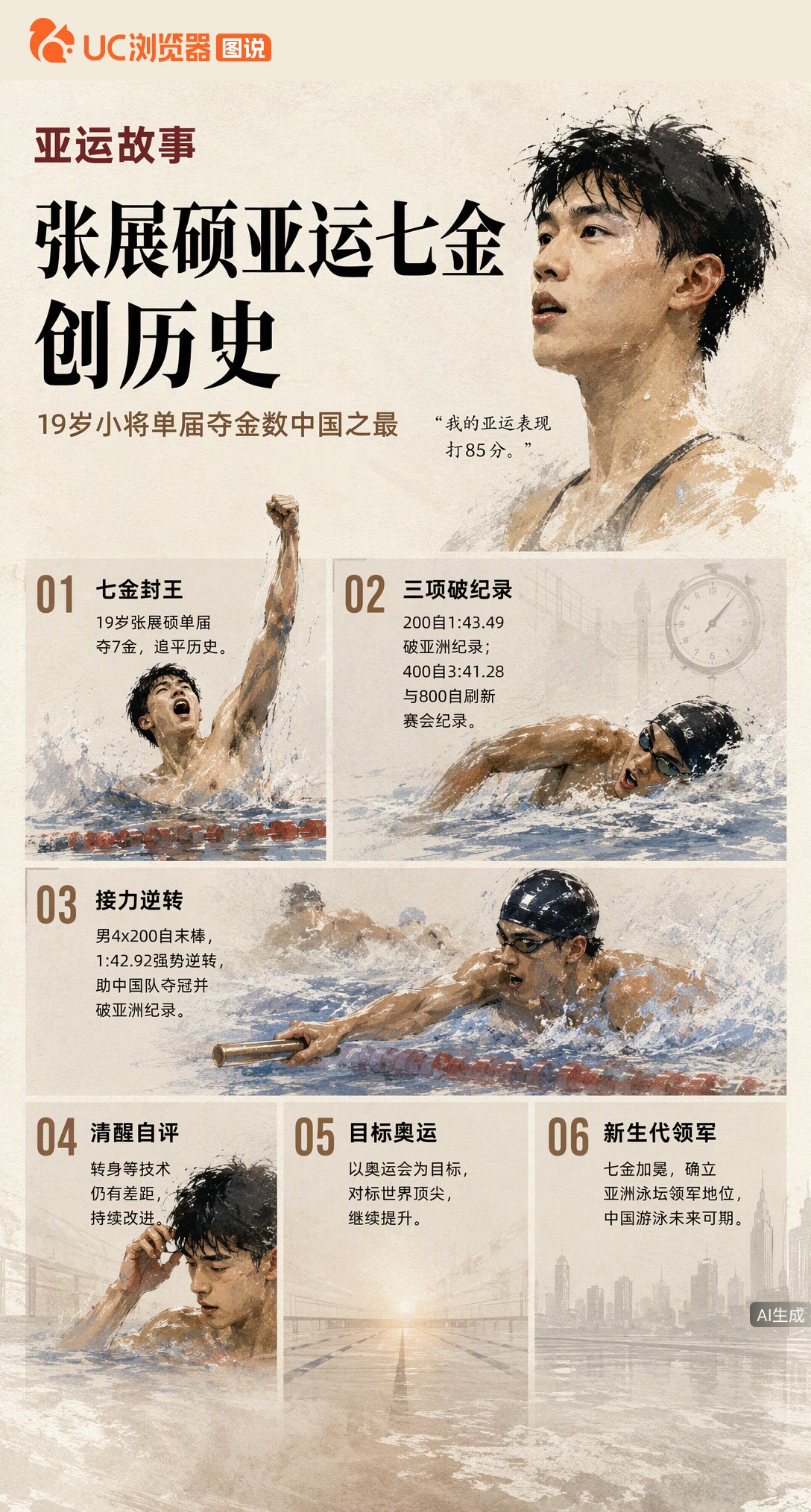 19岁张展硕单届狂揽7金，刷新中国亚运纪录！200自破亚洲纪录，接力末棒逆转。他却只给自己打85分，