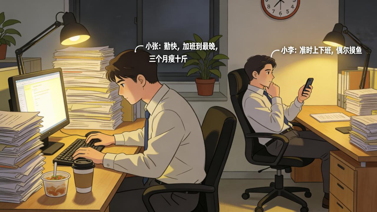 公司来了两个新人，小张和小李。小张勤快，什么活都接，每天加班到最晚，三个月瘦了