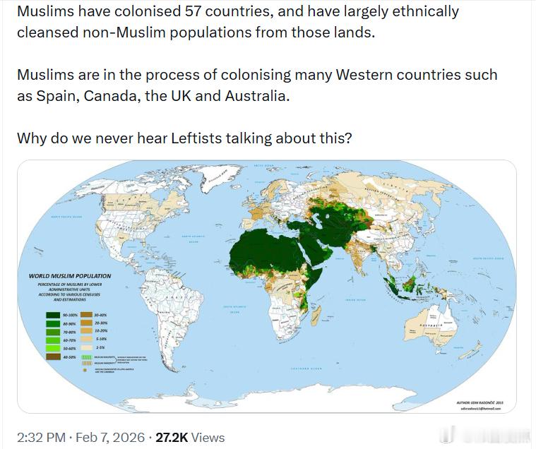 穆斯林曾经殖民了57个国家，并且在这些土地上很大程度上对非穆斯林人口进行了种族清