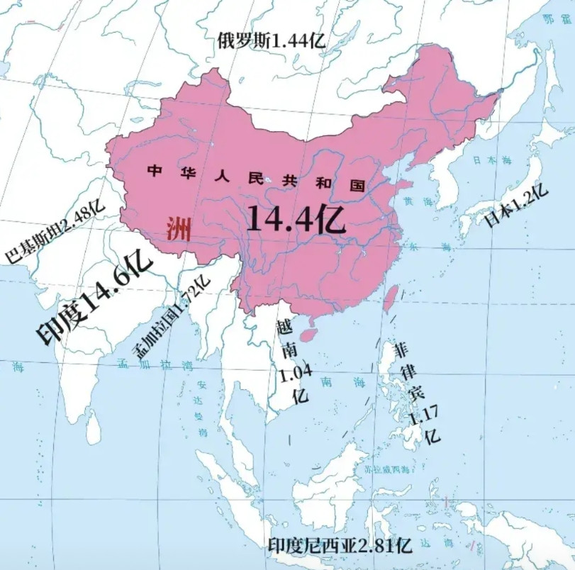 亚洲真是人口怪物房，人口过亿的国家比比皆是，印度14.6亿，排名世界第一。我们1