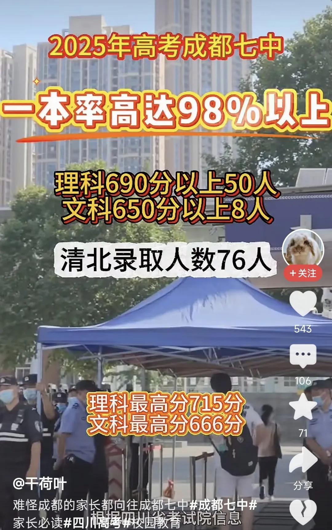 成都七中的高考成绩确非常厉害，理科690分以上50人，清华北大录取人数70多人，