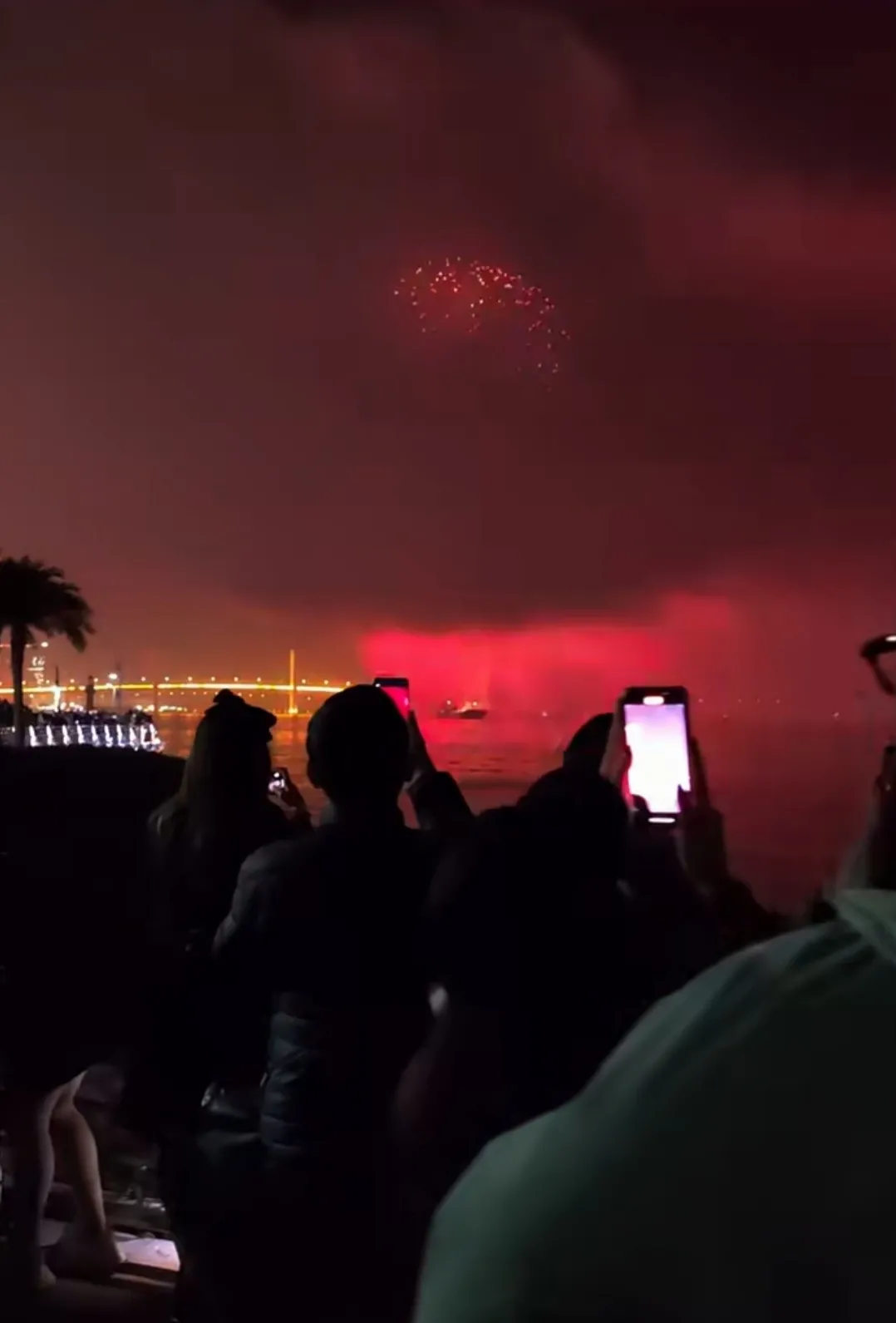 初三晚上九点多，珠海很多市民听说澳门那边有烟花表演，于是大家纷纷来到江边，拿出手