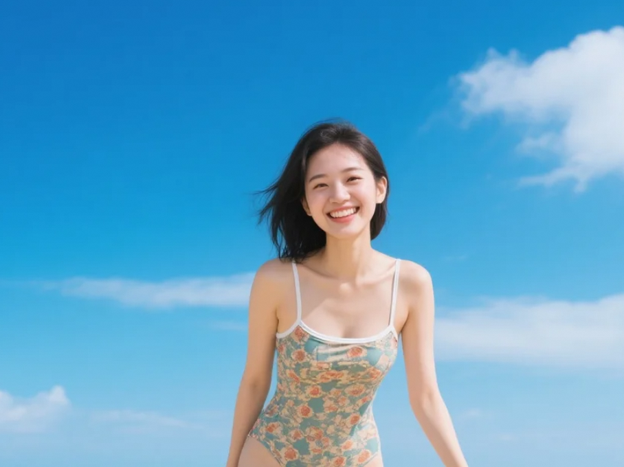 泳装与自然，蓝天下的和谐美景