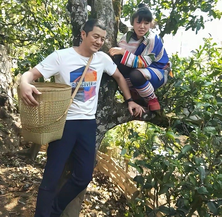 2018年春天，李亚鹏在云南临沧冰岛采摘普洱茶时与当地采茶少女的一张留影