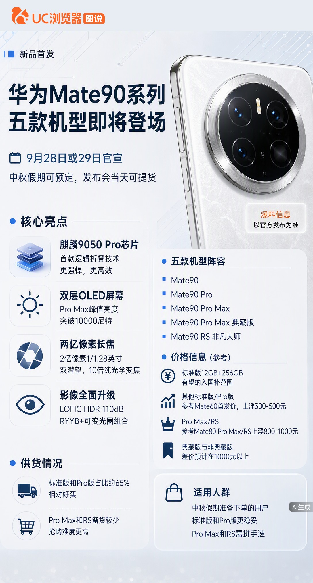 华为Mate90系列曝下周官宣，五款机型齐发。最大看点是麒麟9050Pro芯片采用逻辑折叠技术，不拼
