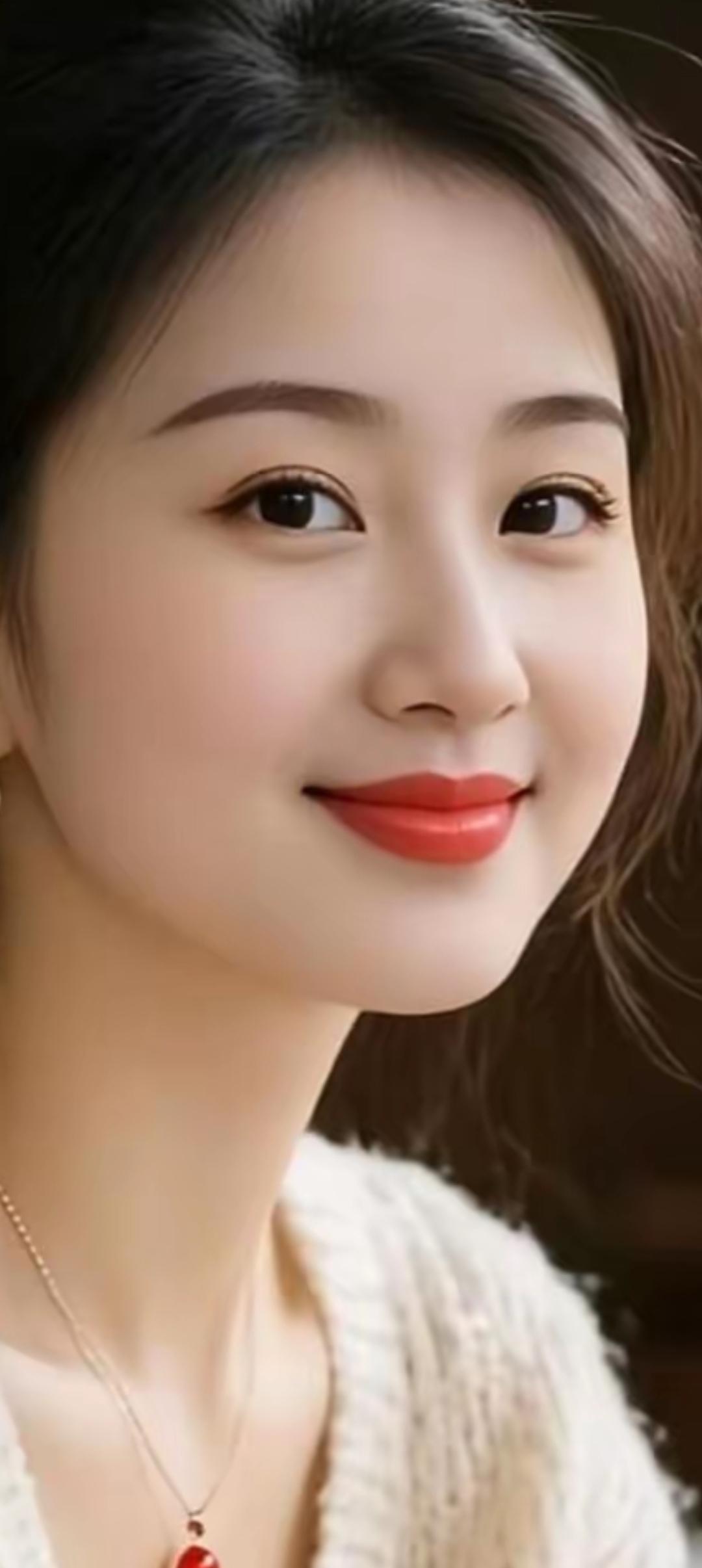 温柔甜美的笑容，红唇与白衣的完美搭配，尽显优雅气质。