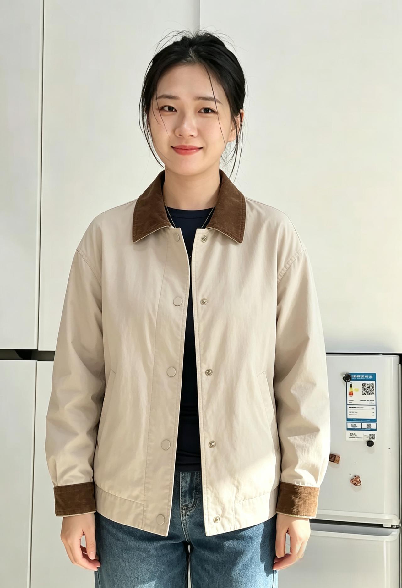 浅衫棕领见温柔，素雅清灵韵味留。眉目含春含暖意，安然一笑解千愁。