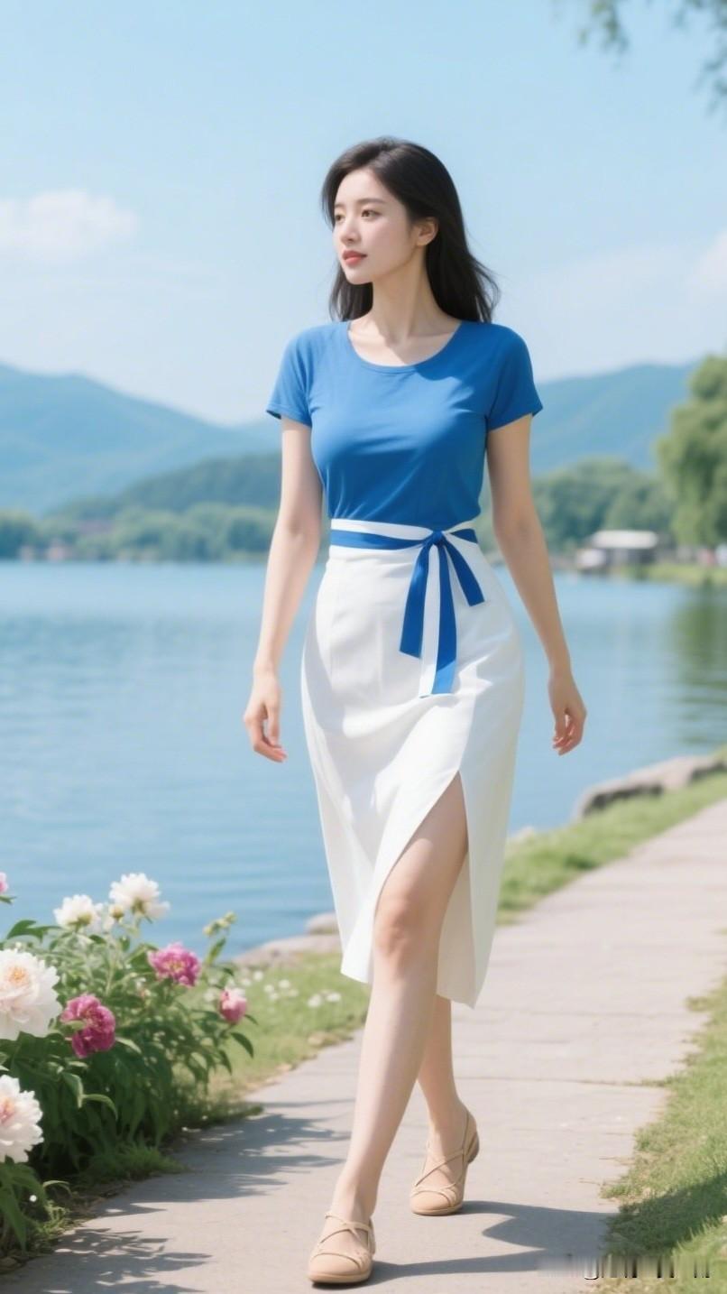 夏日穿搭指南🌞清新蓝白裙，漫步湖畔，感受自然之美！🌿👗👠清新脱俗的女孩