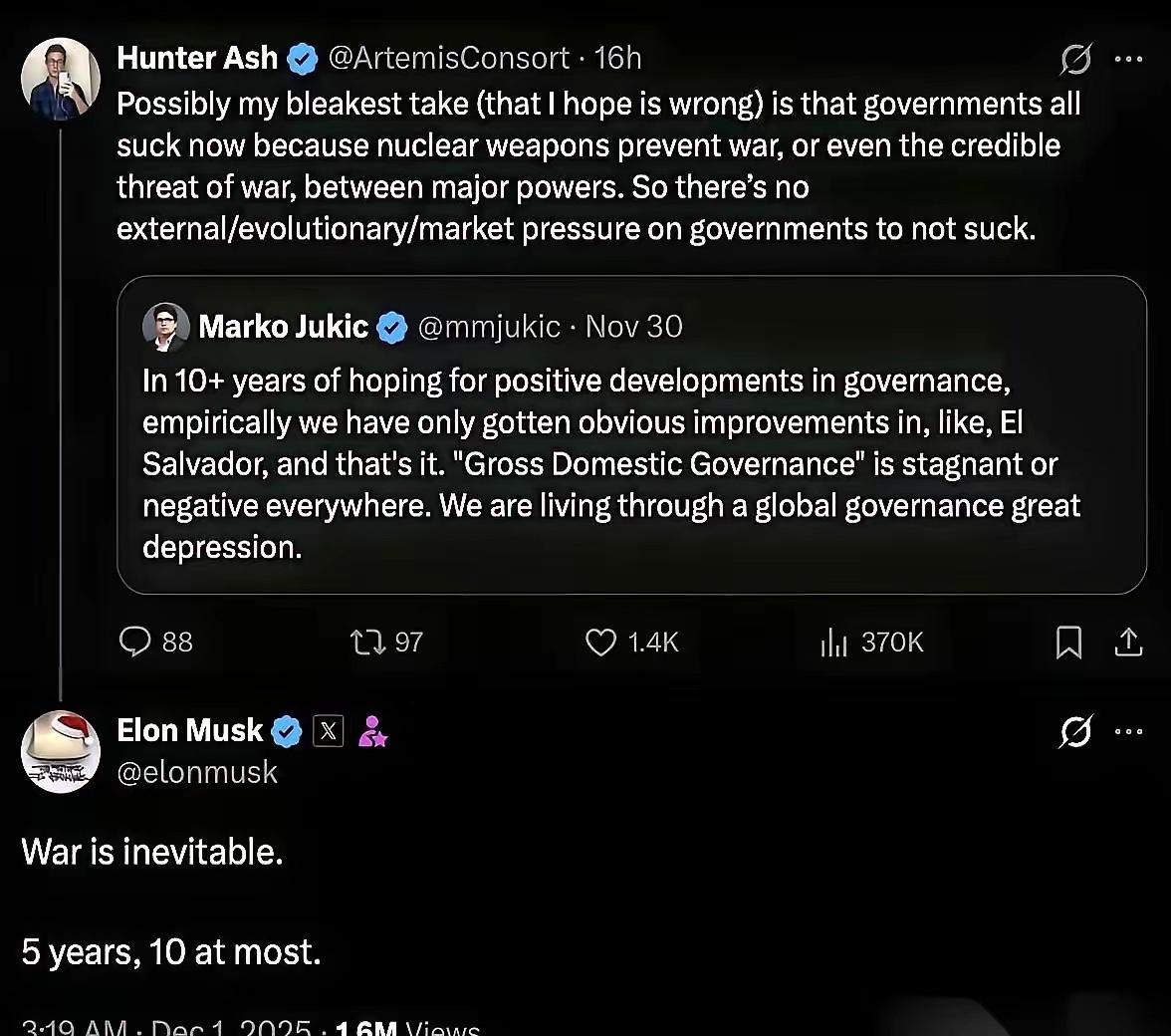 “战争不可避免”北京时间凌晨三点，世界首富马斯克又在外网放了大招！这位语不惊人死