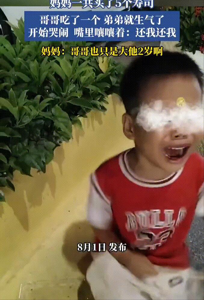 妈妈买了5个寿司，哥哥吃了一个，弟弟不干了，一直在捶胸顿足，撒泼打滚，又哭又喊地