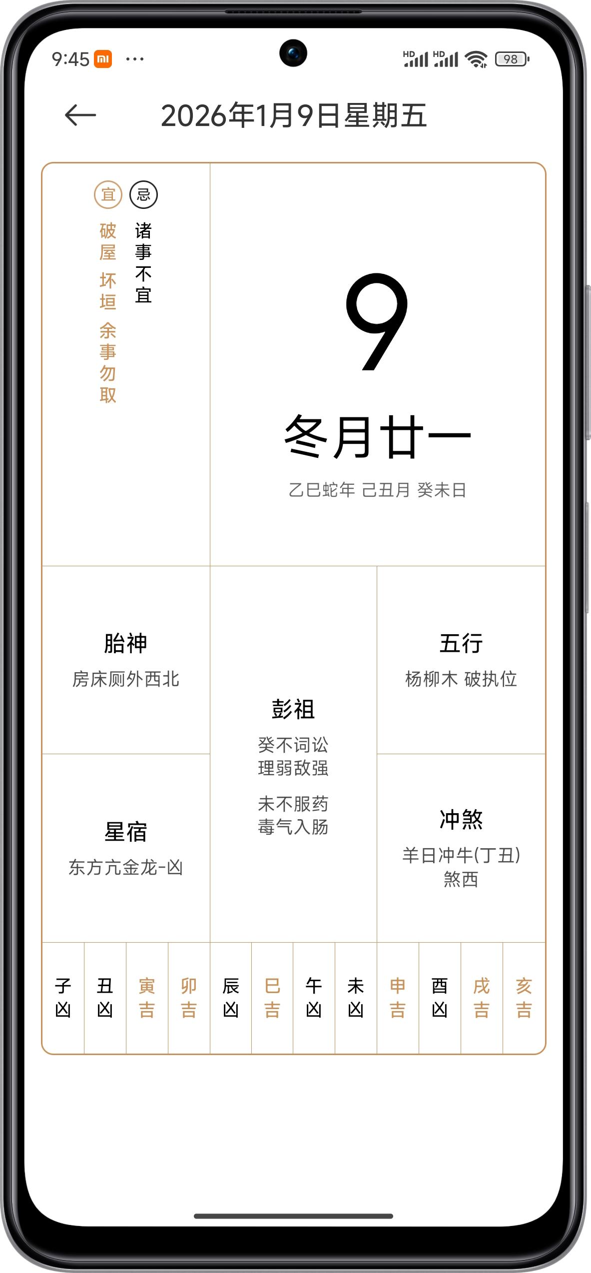 根据老黄历，2026年1月9日（农历冬月廿一）并非黄道吉日，整体上“大事勿用”，