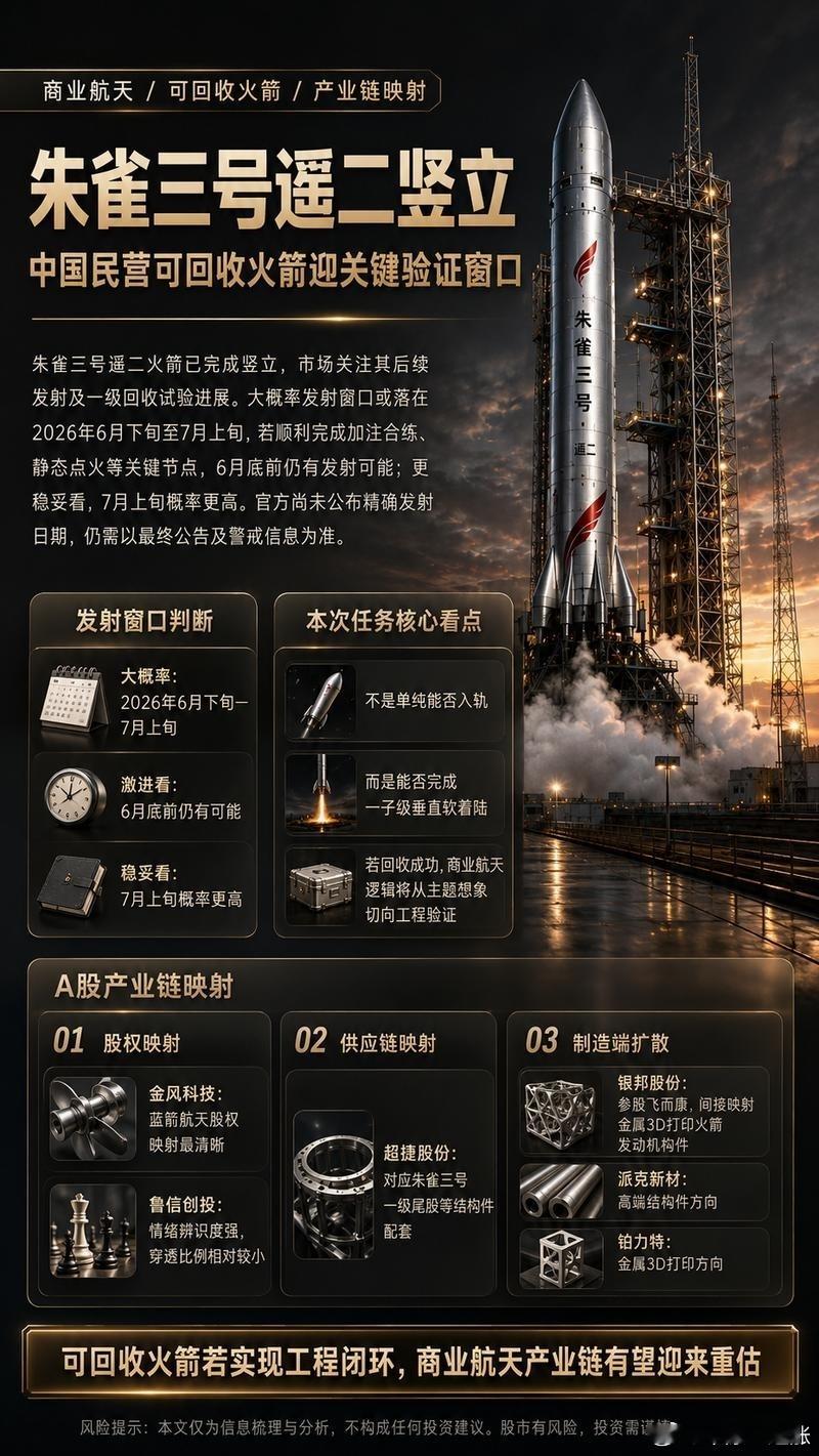 研报出来了【商业航天】朱雀三号遥二竖立，可回收火箭迎关键验证窗口，关注蓝箭航天产