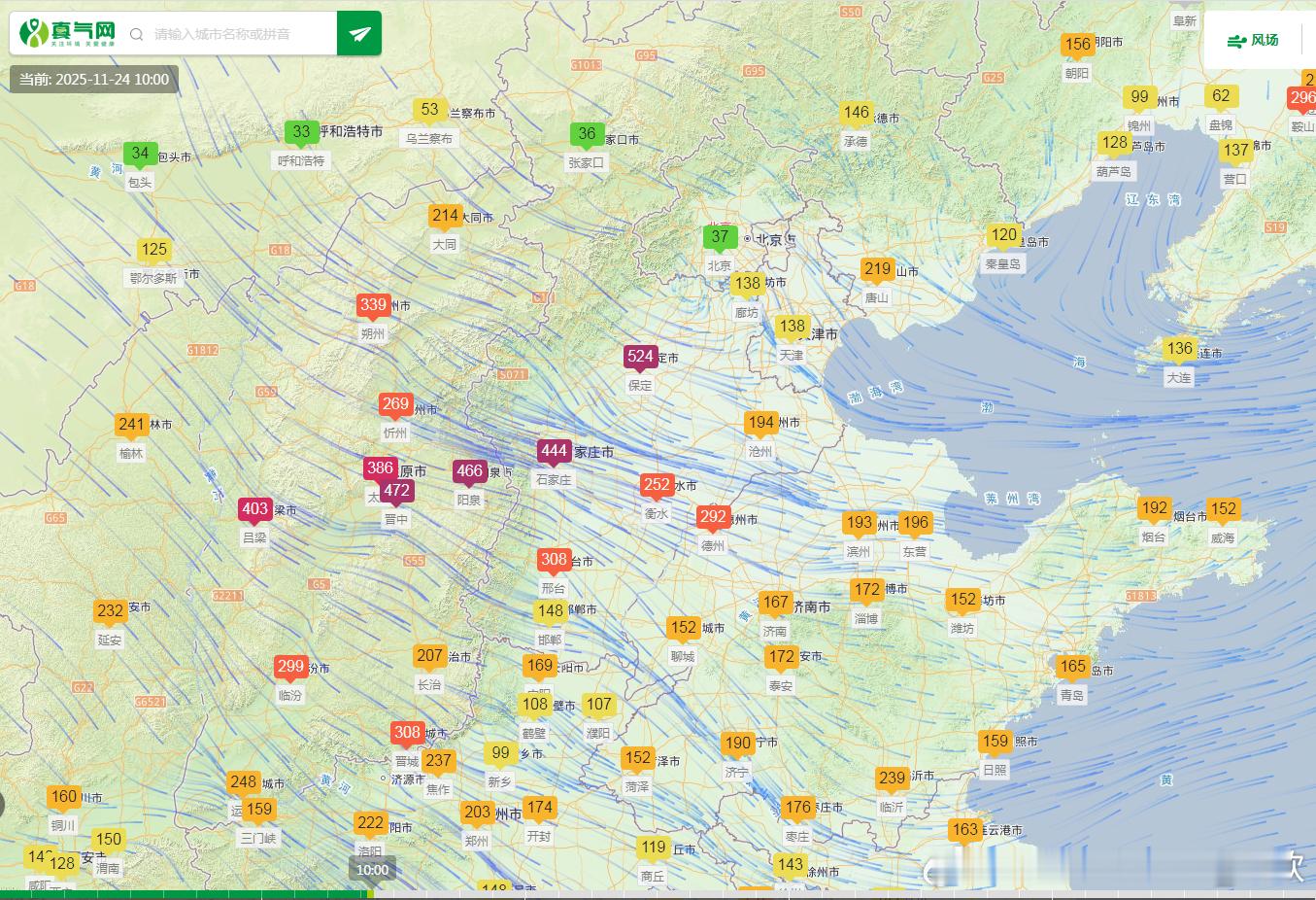 【沙尘】今天上午，沙尘继续向东传输，10时河北石家庄、保定PM10浓度，均达到了