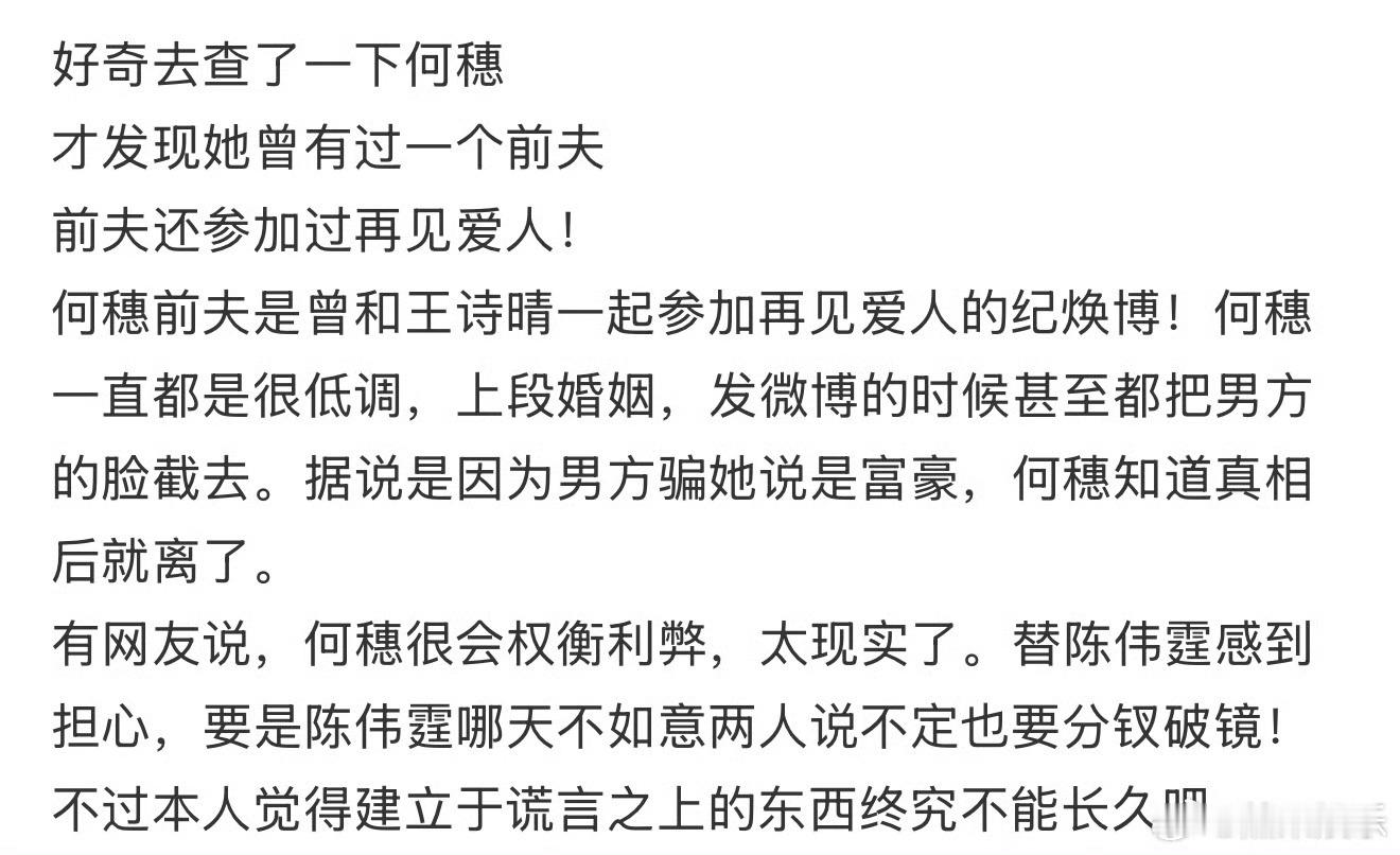 网传何穗前夫是参加过再见爱人的纪焕博欸，他们于2014年闪婚闪离，现在何穗和陈伟