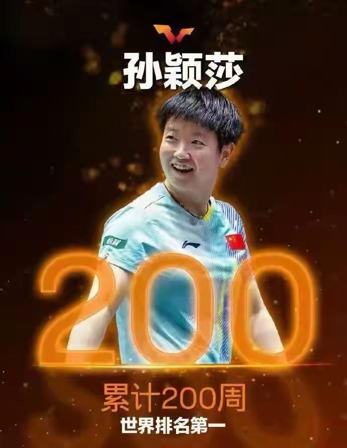 喜讯！3月25日，WTT世界乒联发布了国乒选手孙颖莎累计200周世界排名第一的