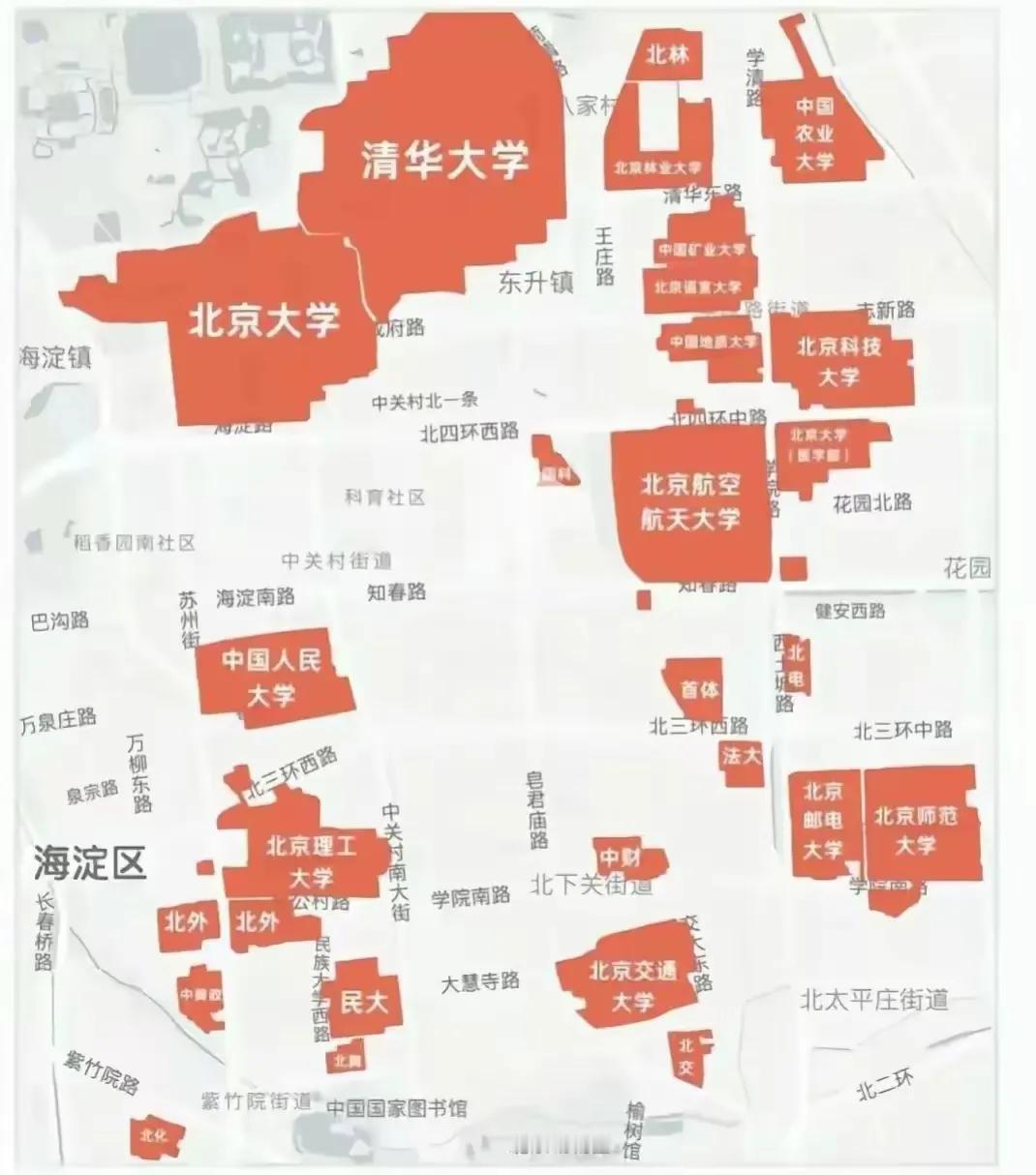 再寸土寸金的北京，北大、清华面积最大，没想到，两个学校竟然紧挨在一起的。以前就