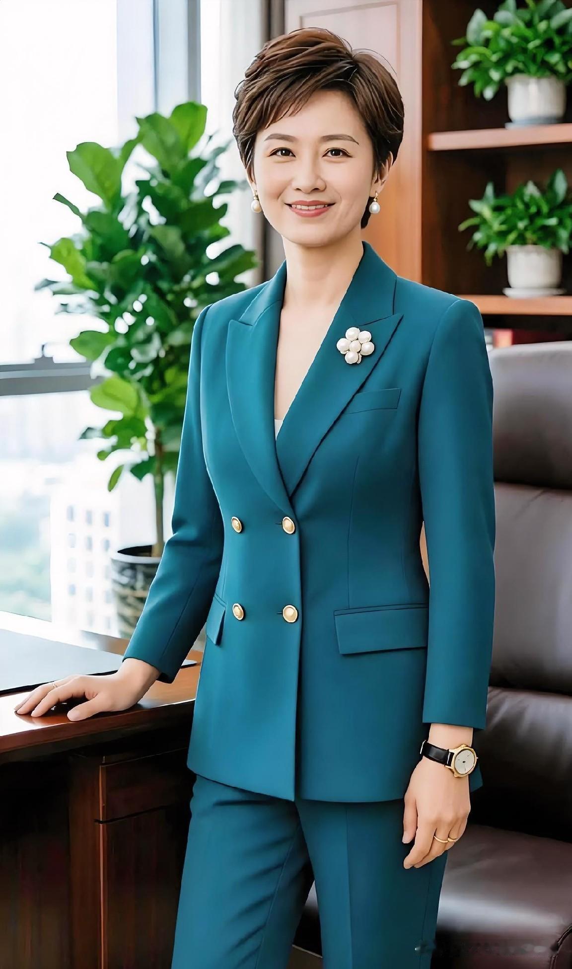 墨绿西装套装搭配珍珠胸针，干练短发透着从容自信，尽显职场精英的优雅气场。