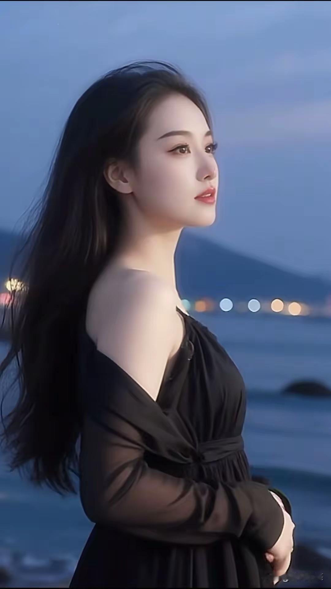 海边黄昏，黑裙少女，静谧如画