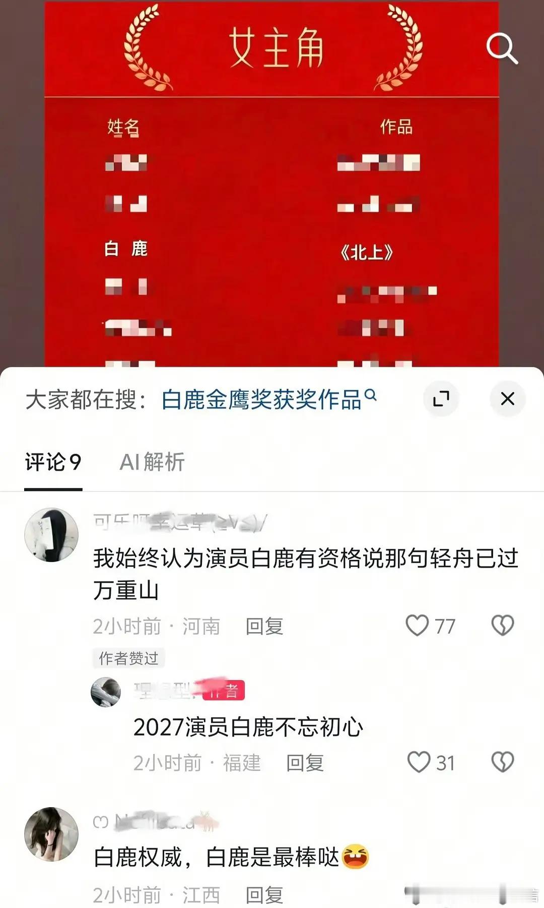 白鹿已经拿下金鹰奖了？