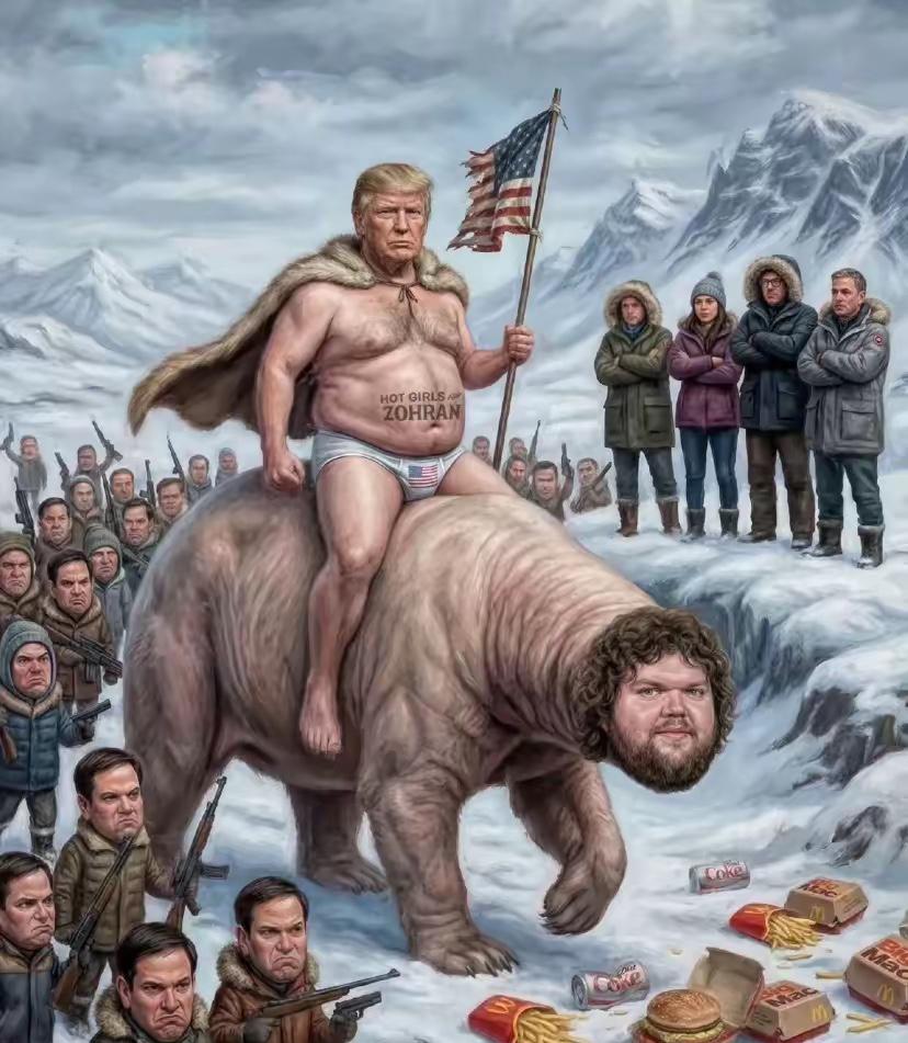 近日，一幅“原始人版”的特朗普御驾亲征格陵兰的漫画在网上疯传。画面中，特朗普身着