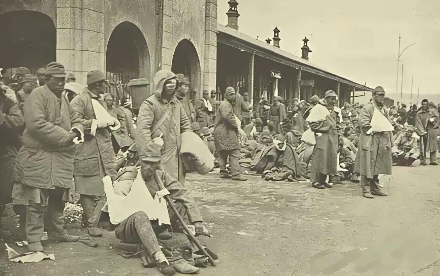 这是日军在大同火车站准备运回国的伤兵。日军如禽兽般侵华，连无辜孩童都不放过，残忍