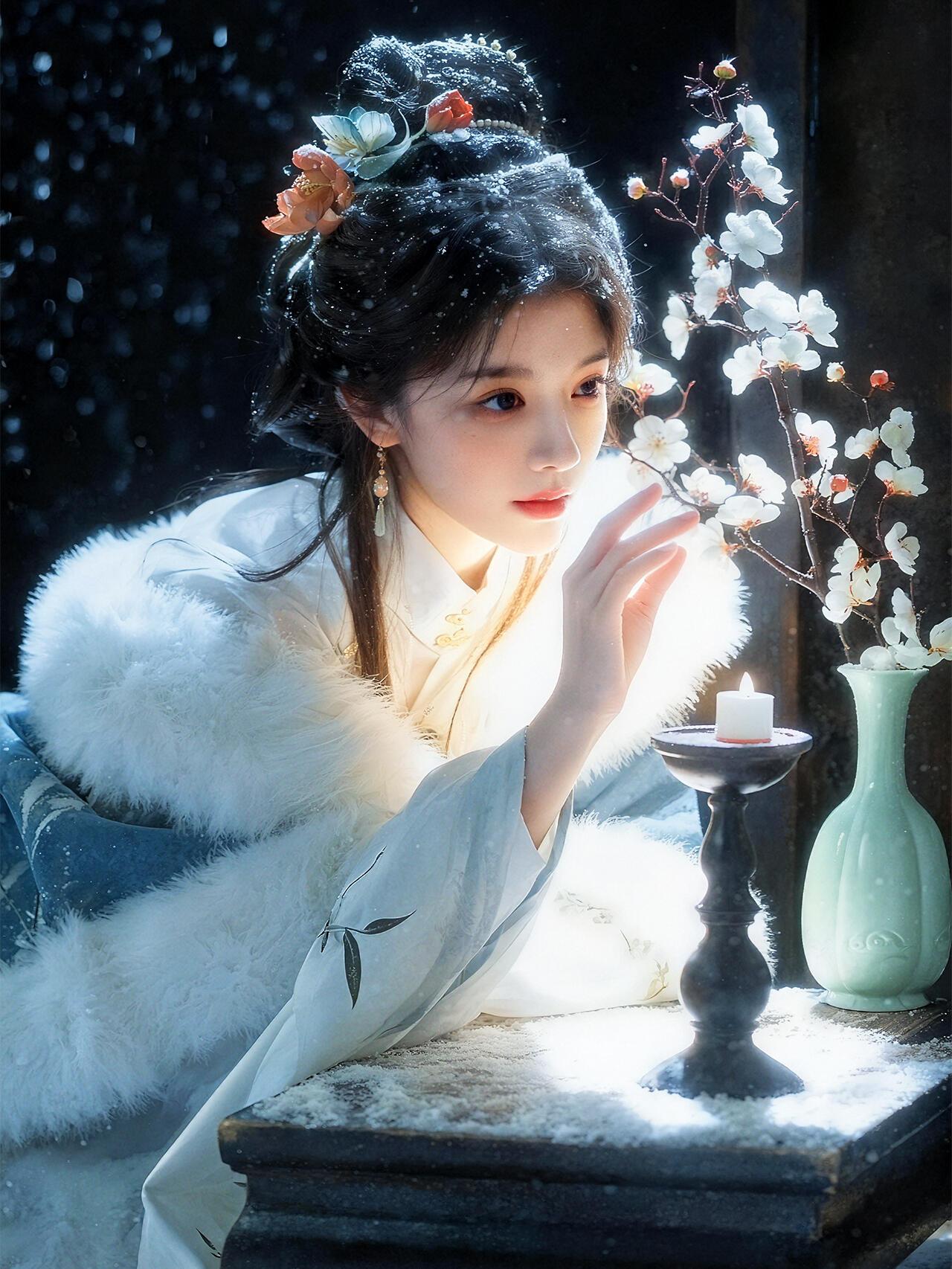 人物的神态刻画尤为细腻，或凝眸望梅，或垂首书写，眼神中流露出的温婉与怅然，贴合了