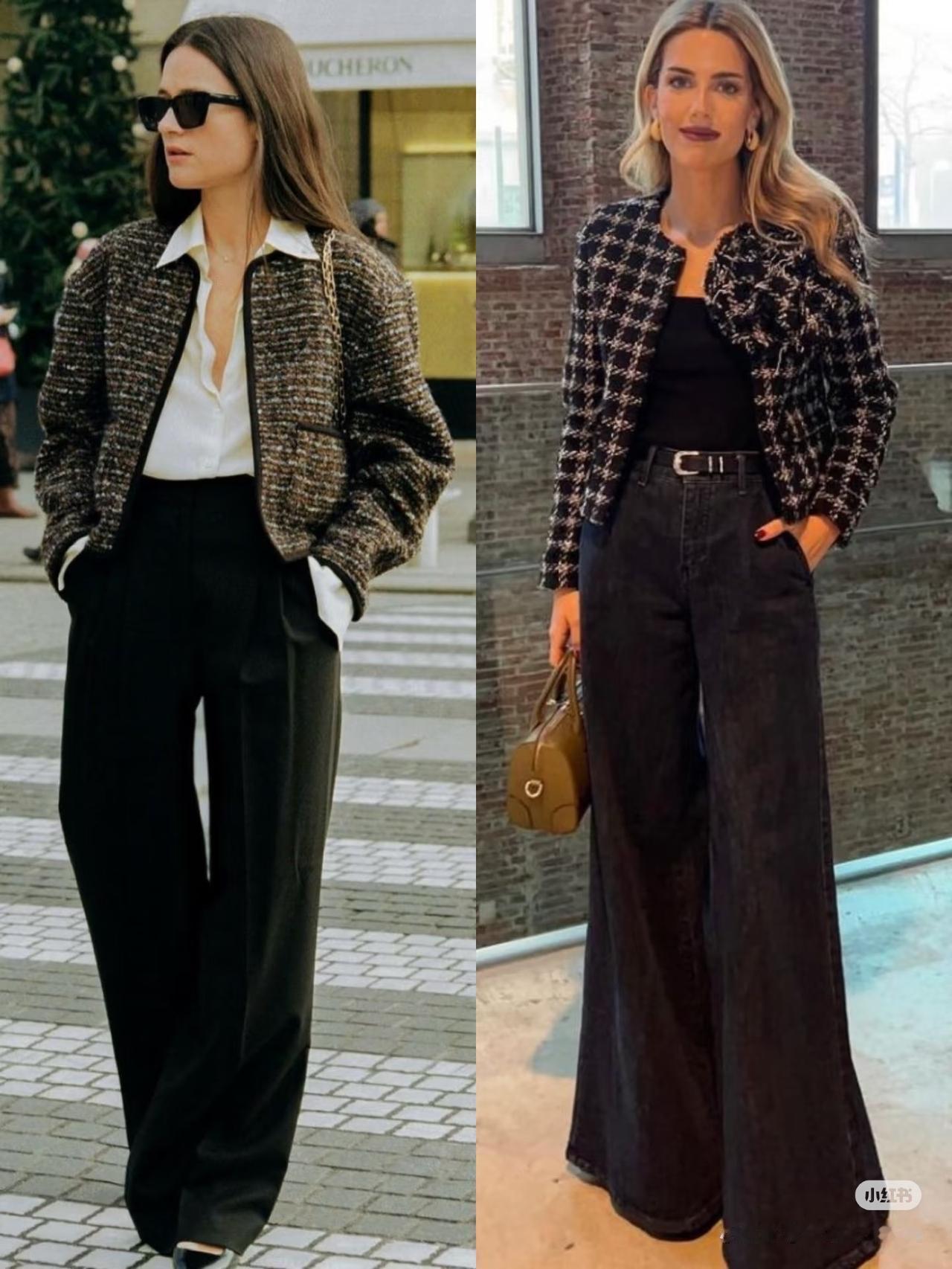 格纹粗花呢小香风｜老钱松弛通勤趋势穿搭Look1黑白格纹短款小香外套+黑色修