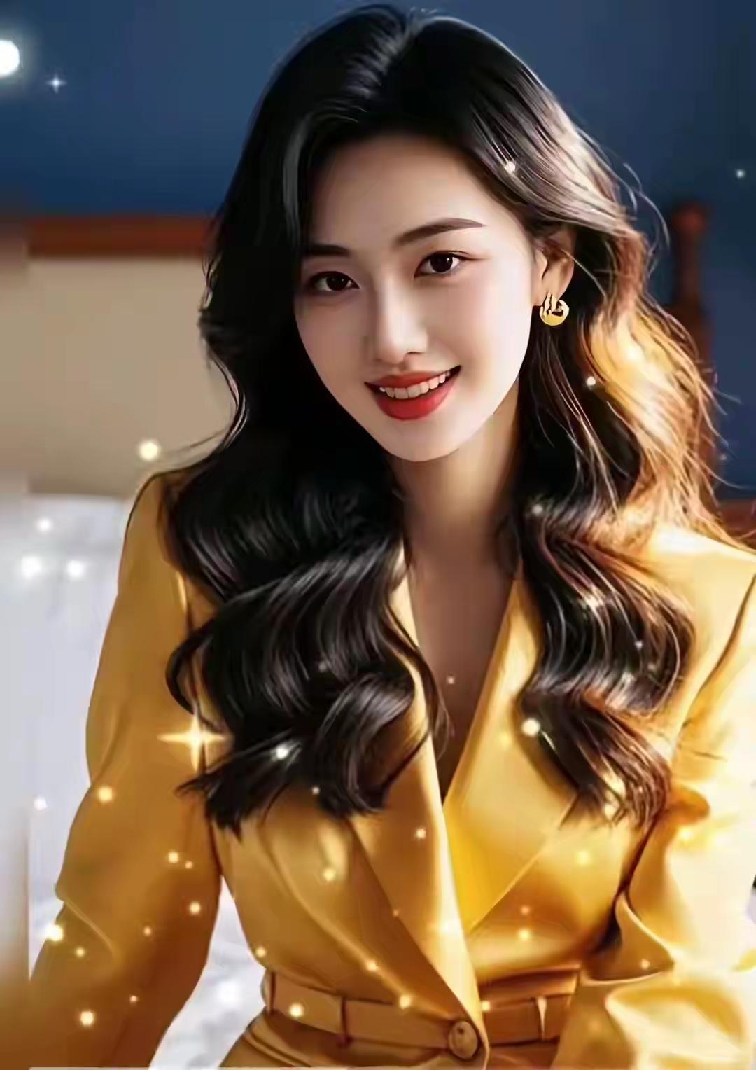 这笑容如此甜美，衣着金灿灿，楚楚动人，端庄温柔，独一无二，一笑很倾城，二笑能倾国