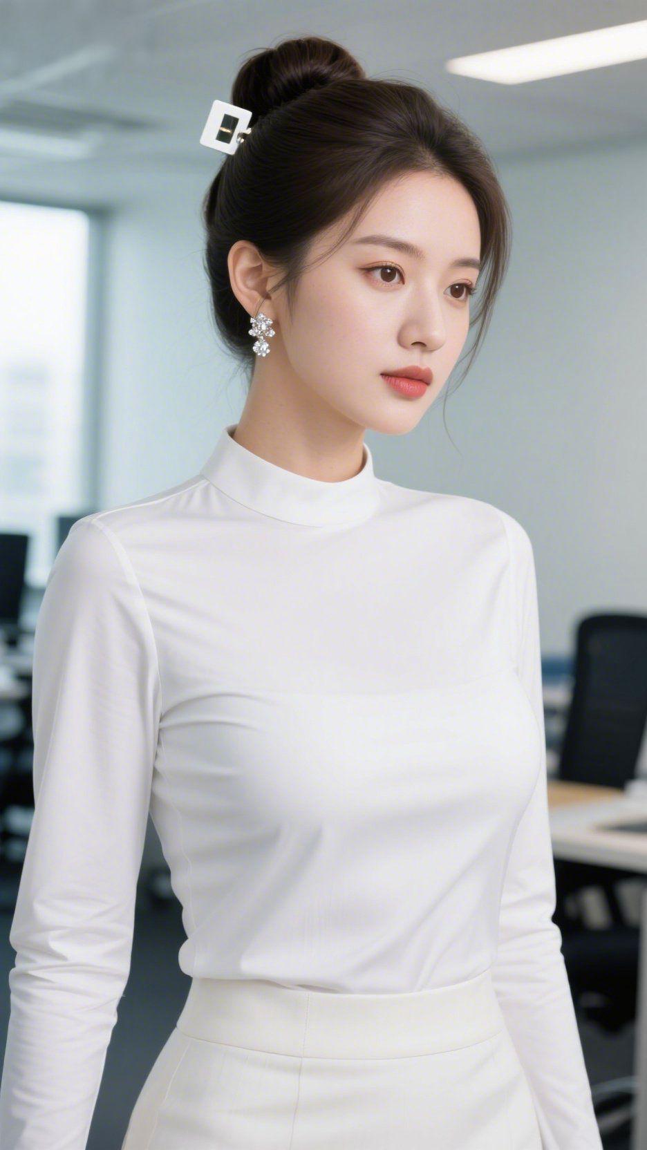 《白衫栖满职场清》净白立领衫裹着柔滑质感，像将办公间的清透晨光，织进了衣衫