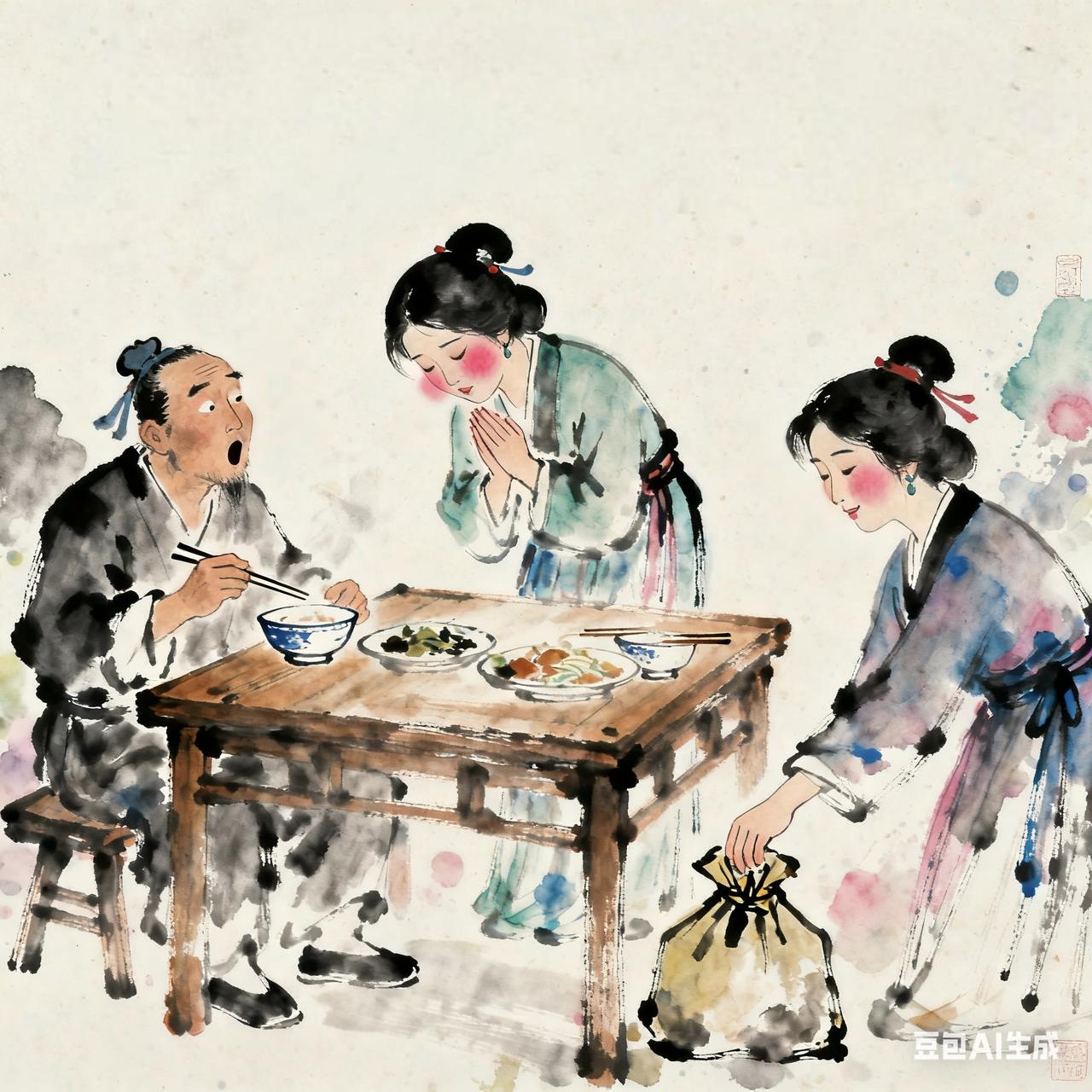 古代夫妻搞笑段子屠户两口子正吃饭，书生媳妇上门借钱：“家里米缸见底了，过几日