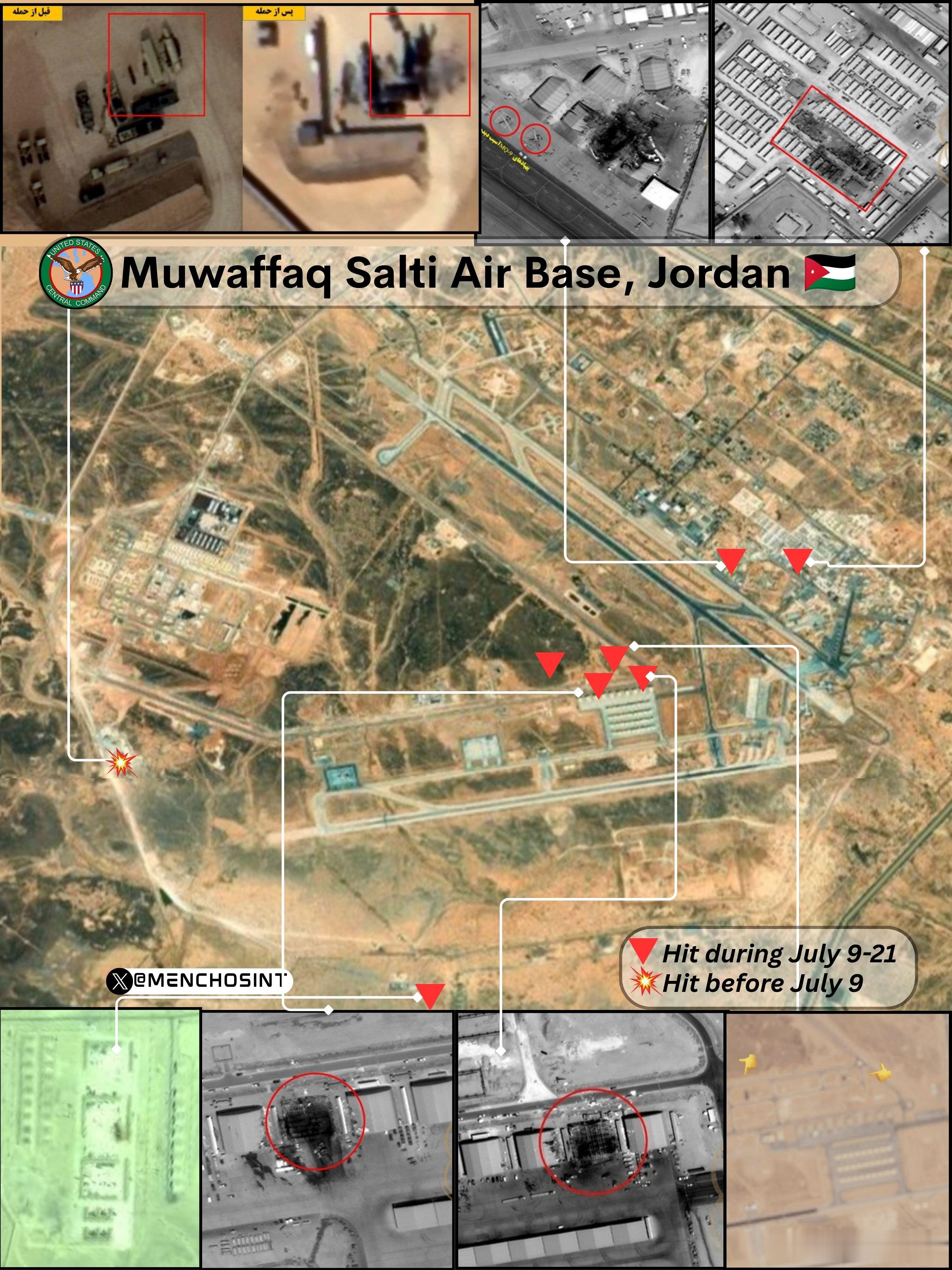根据最新的卫星照片约旦穆瓦法克・萨尔蒂空军基地遭伊朗导弹和无人机打击所造成的破坏