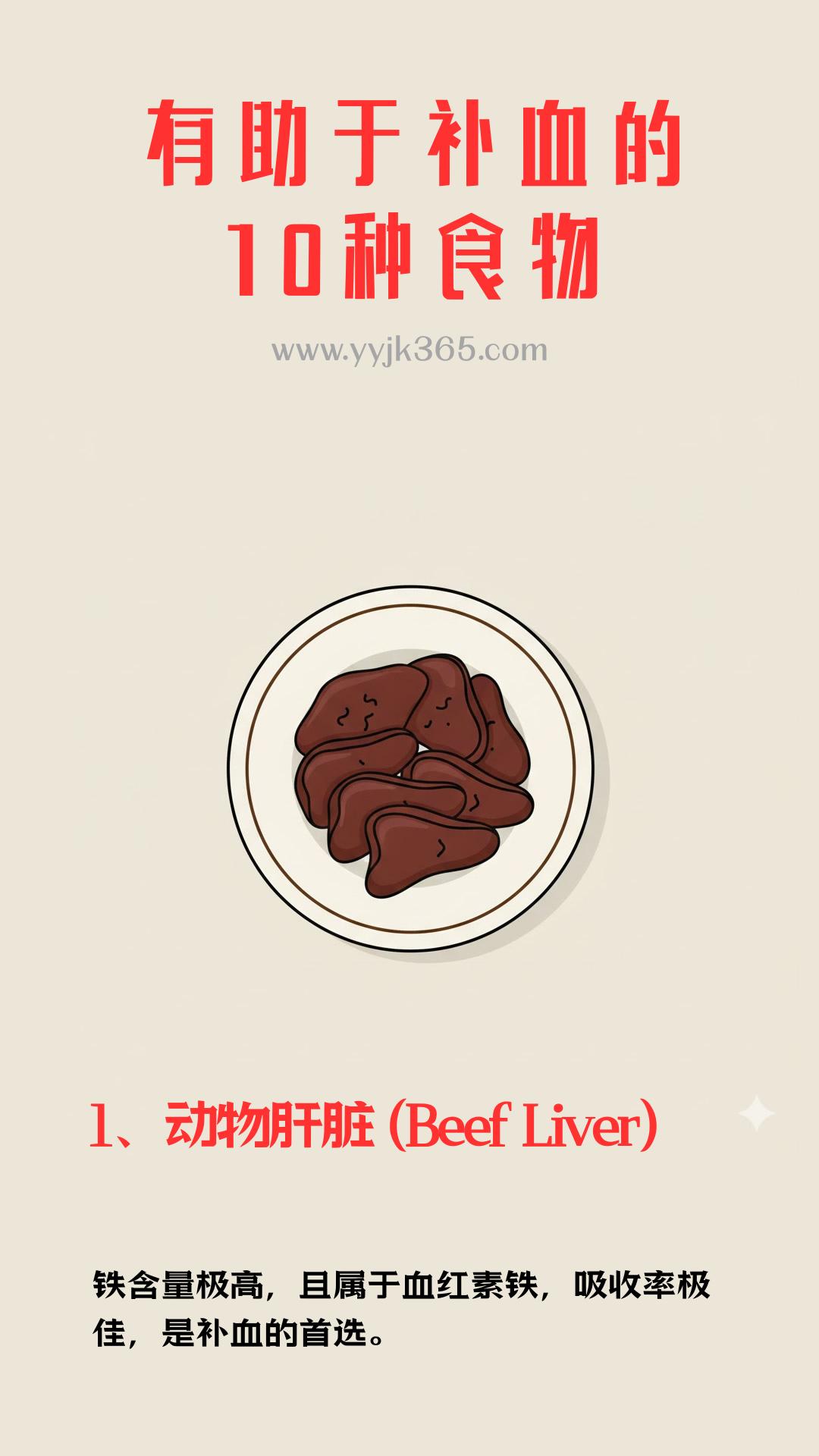 有助于补血的10种食物1、动物肝脏(BeefLiver)铁含量极高，且