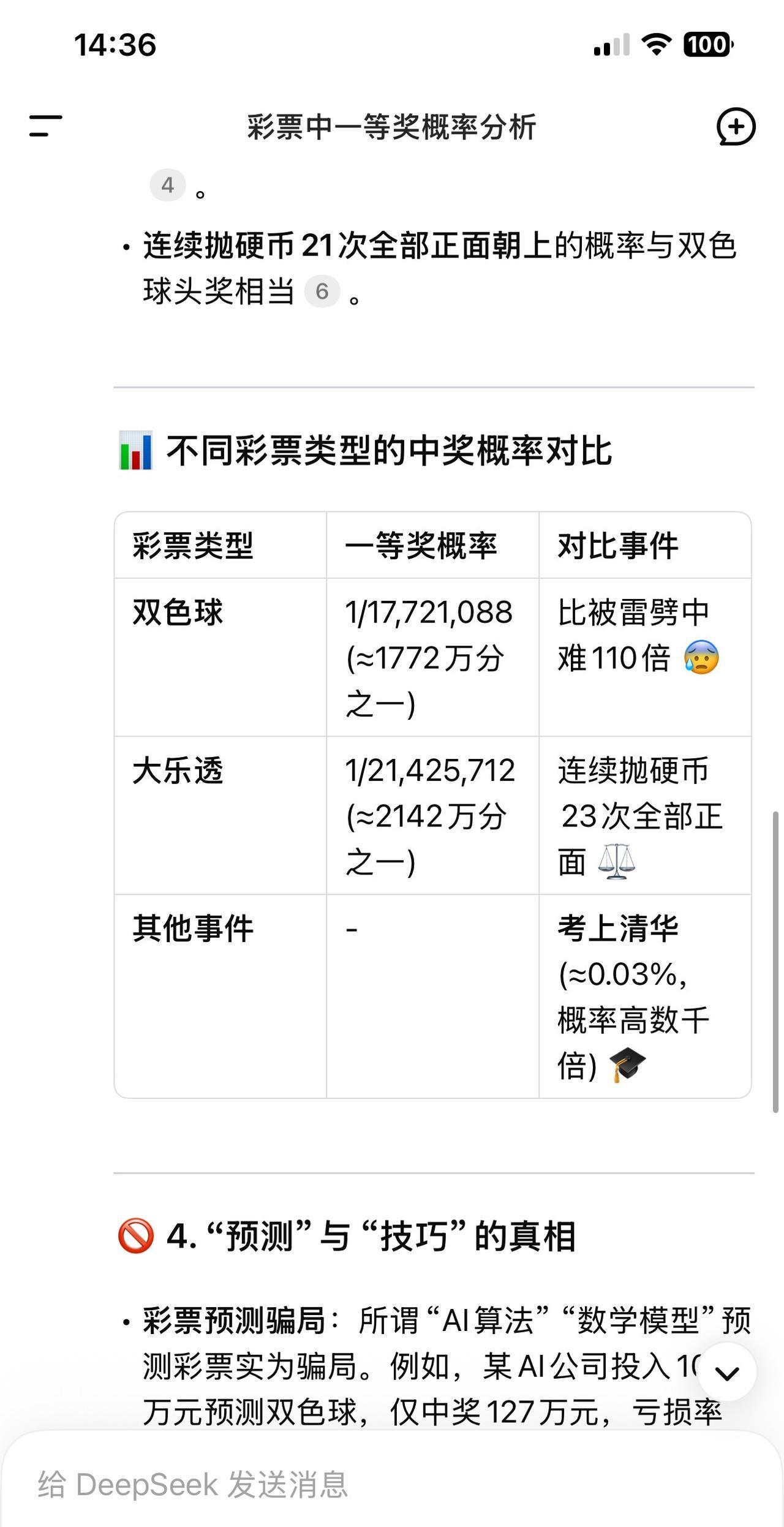 DeepSeeK是最清醒，最看透彩票游戏规规的平台，它说老百姓中奖1000万比被