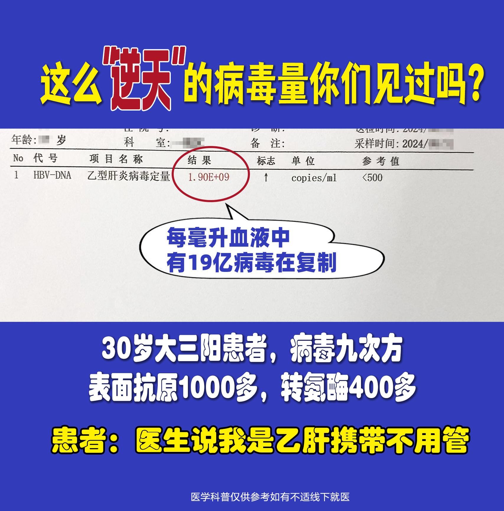 这么“逆天”的病毒量你们见过吗   前段时间，一位大三阳患者来复查。刚...