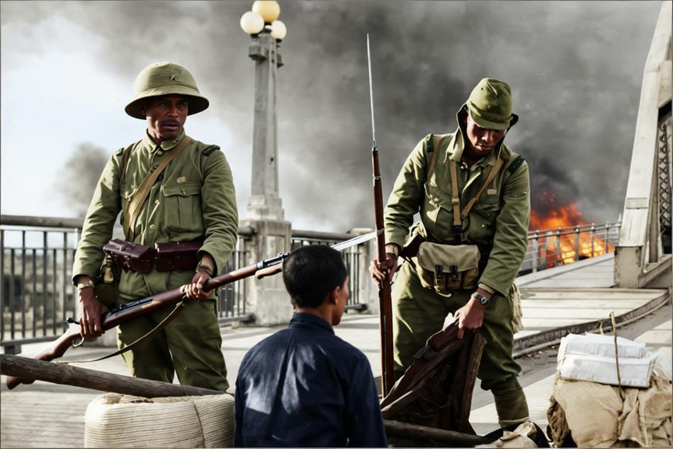 1938年10月广州沦陷后：侵华日军第18师团鬼子在海珠桥上对过桥的中国平民进行