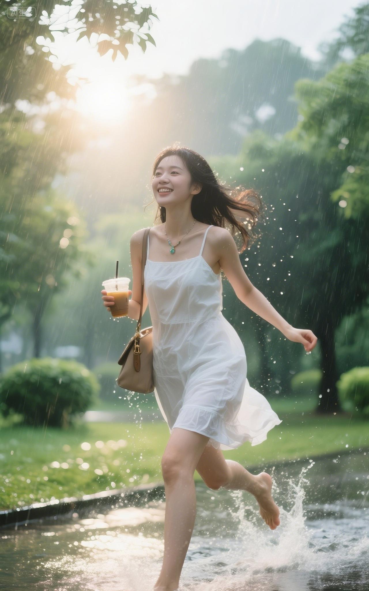 瞬间——摄影的魔力雨幕如银线编织的网，悄然洒落。她赤脚闯入水洼，白裙随跑动扬起