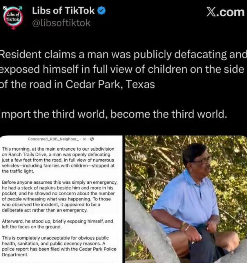 光天化日之下，一名印度男子在美国德州街边直接脱裤子就地如厕，来往路人、带娃的家长