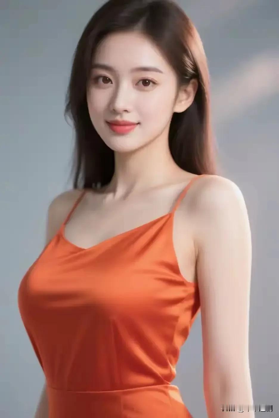 橙红丝缎轻裹，光影在肩头流转，眉眼间是藏不住的明媚与从容。女性应有的气质温柔