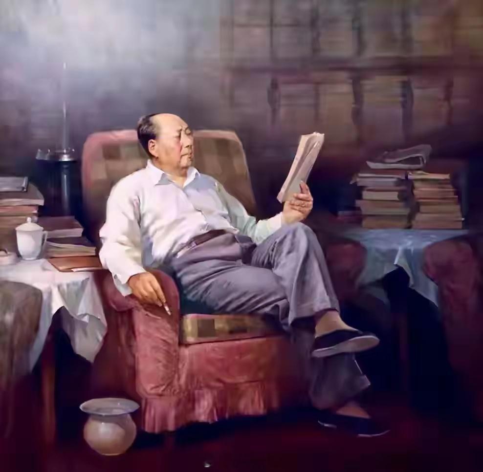 经典伟人毛主席老画，每天看书看报是毛主席的习惯。