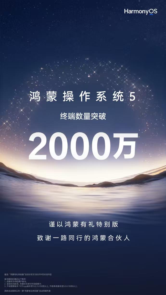 恭喜华为纯血鸿蒙设备突破2000万大关，现在每天以二三十万的用户安装量，预计今年