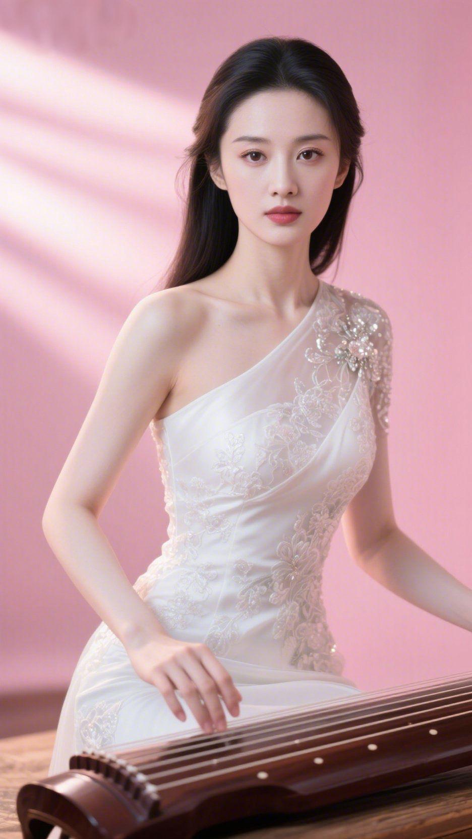 《粉光里的琴韵》淡粉柔光似揉碎的云，落于肩头时，白裙绣纹也浸了温软。