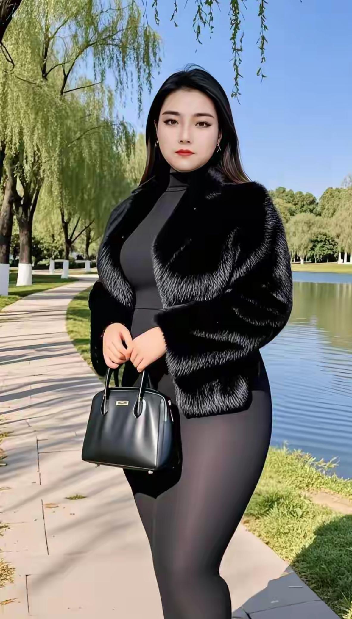 冬日穿搭指南：毛绒外套+黑色紧身裤，优雅出街！毛绒感穿搭