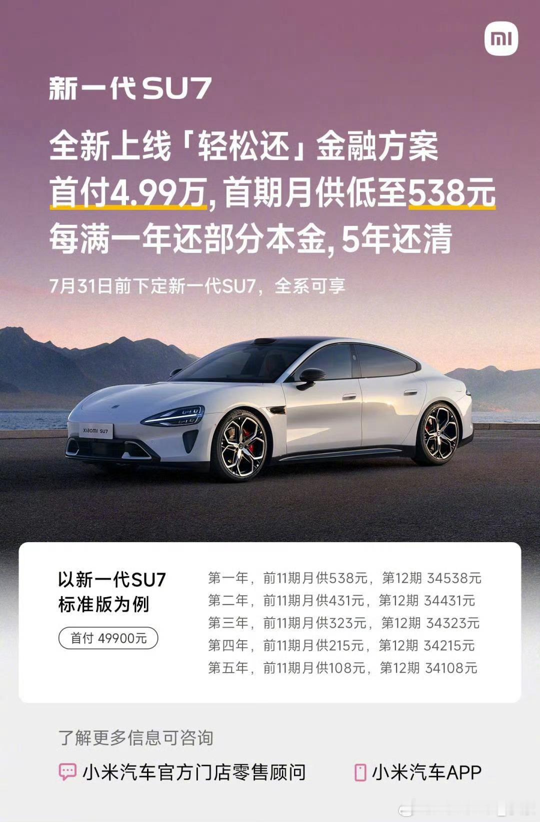 第一眼以为，买小米SU7这么便宜了给五万块首付，每个月还600块，连续还5年，就
