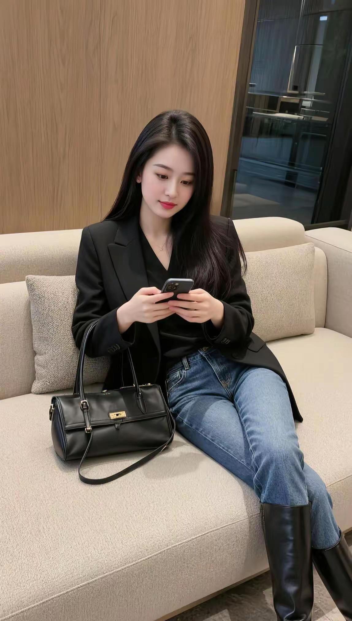 时尚穿搭，黑色西装外套搭配牛仔裤，尽显优雅与自信。