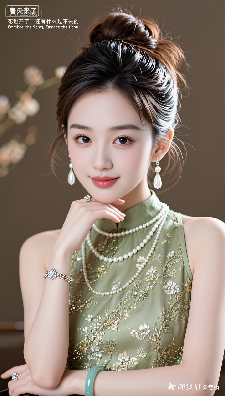 棕发低挽温婉东亚女子，白皙面容眉眼舒展。身着金绿亮片重工挂脖旗袍，珠玉首饰雅致衬