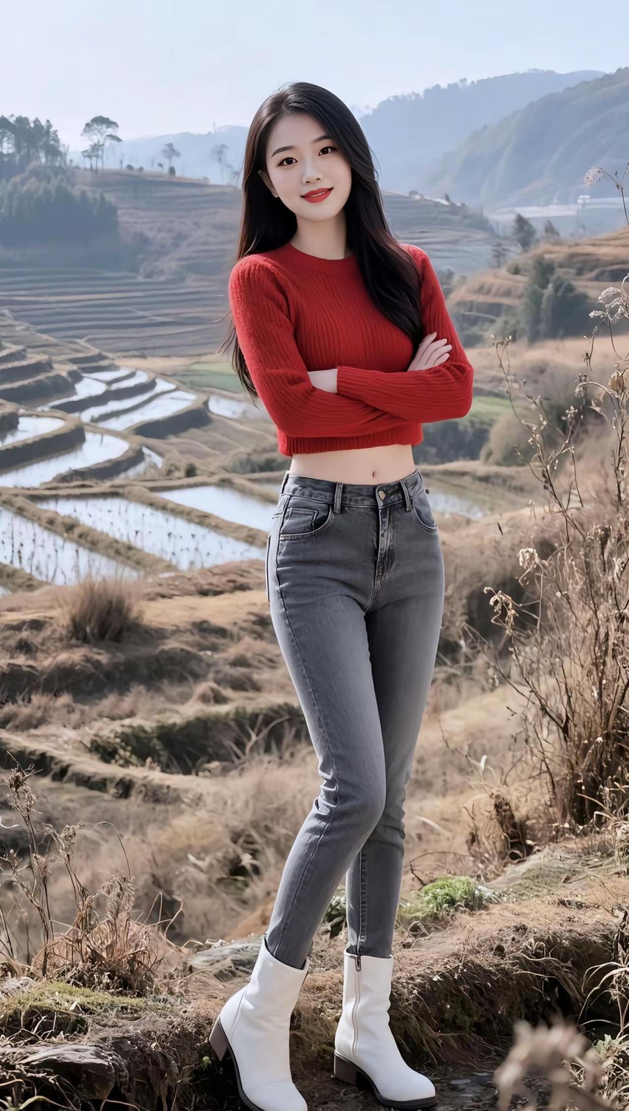 田园风光中的时尚少女，红衣牛仔裤，白靴点缀，自然与时尚的完美结合。分享手拍随手拍