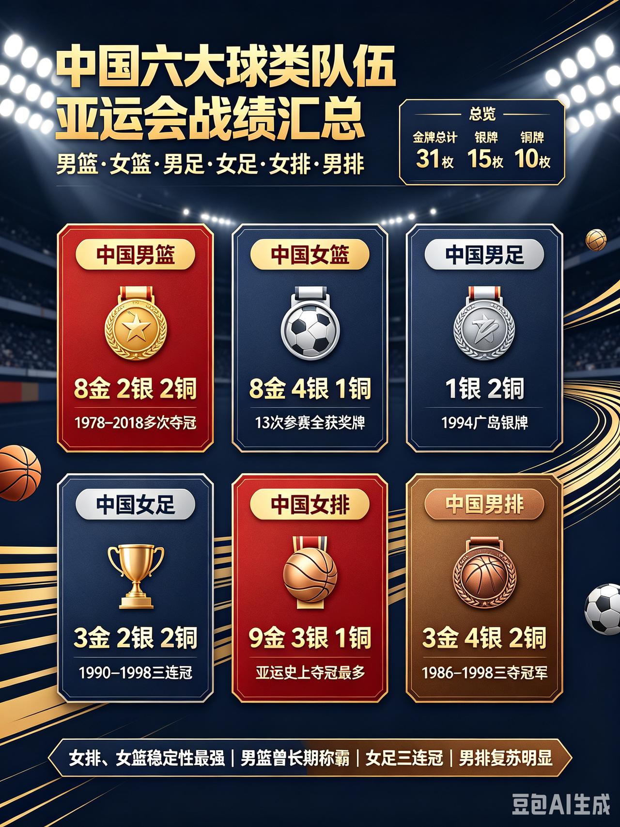 中国三大球队伍亚运会战绩汇总🏀中国男篮-1974德黑兰：铜牌｜1978曼