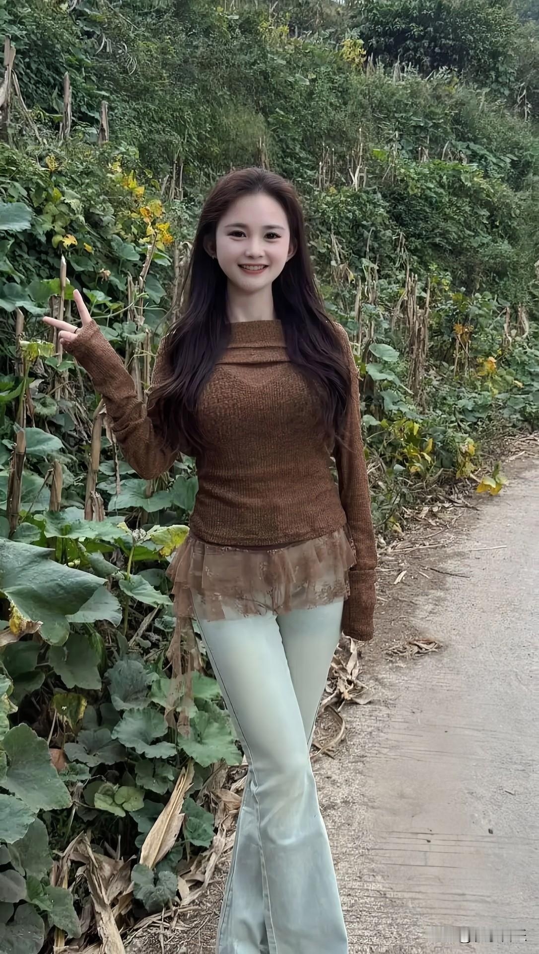 小姐姐在田间小路上摆poss，棕色毛衣与浅蓝色牛仔裤的完美搭配，尽显自然与时尚。