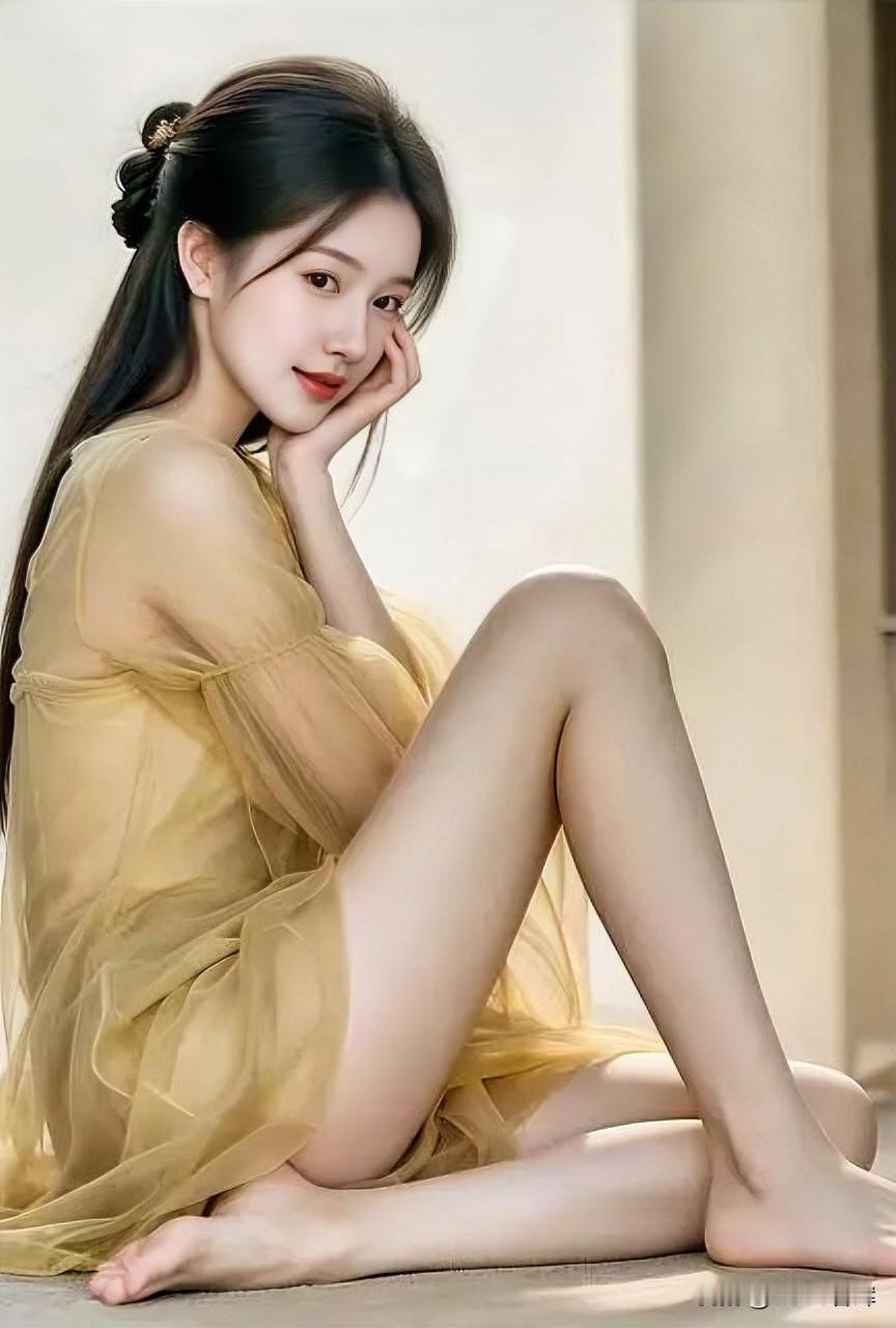 暖黄纱裙，如晨光轻吻肌肤。发髻挽起，温柔藏进眉眼深处。赤足触地，静享一隅